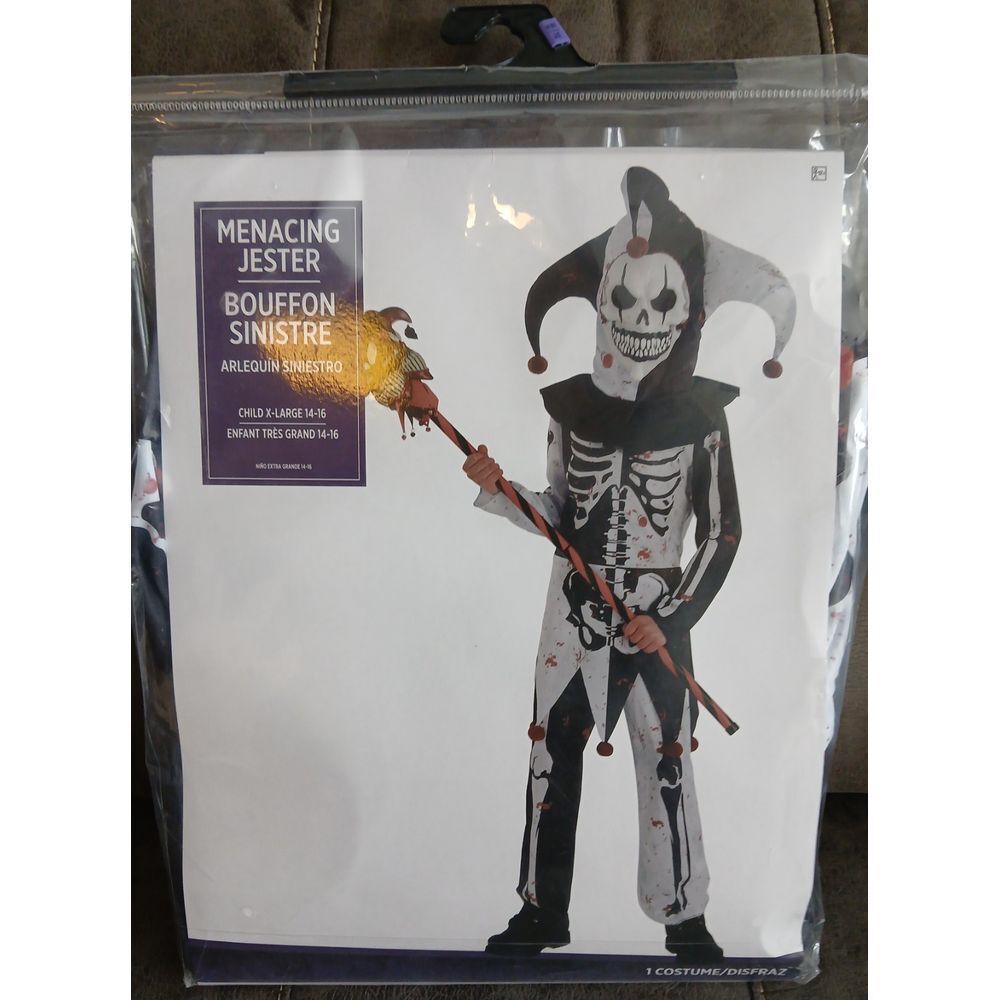 NEW Scary Jester Clown Suit Skeleton Child Halloween Costume Sz‎ XL 14-16 #739